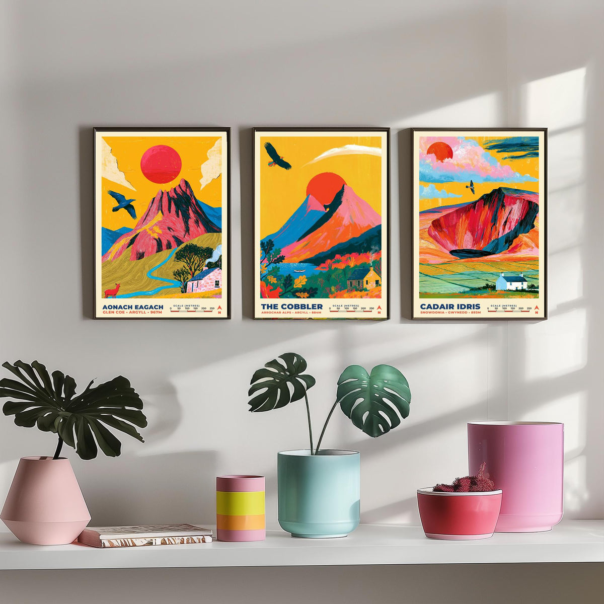 Peaks of Legend and Drama Set of Three Art Prints, Aonach Eagach The Cobbler and Cadair Idris Poster Illustration