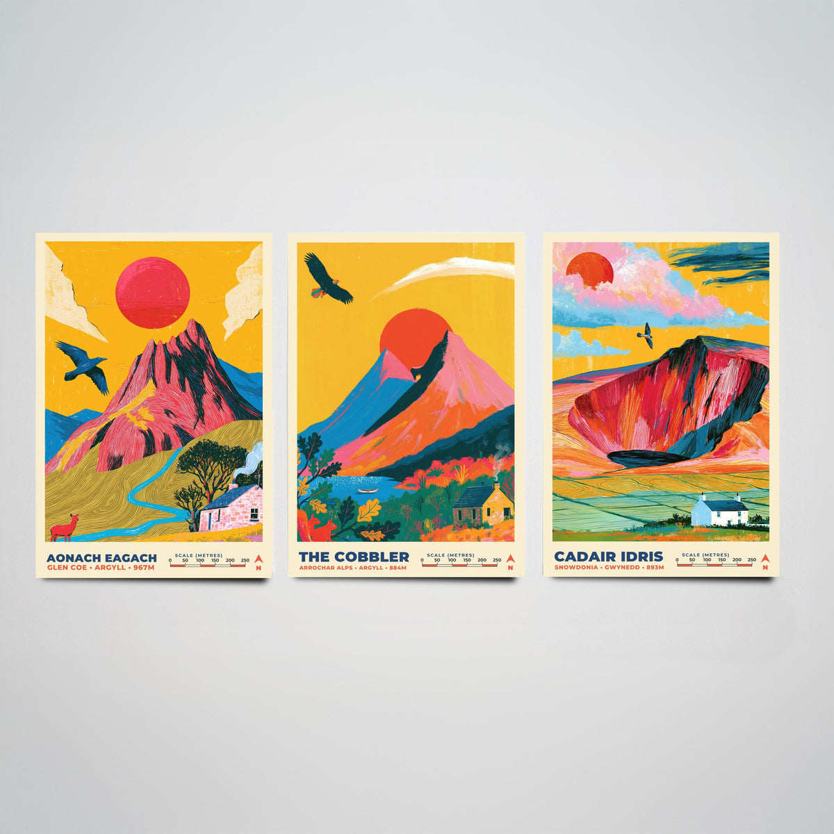 Peaks of Legend and Drama Set of Three Art Prints, Aonach Eagach The Cobbler and Cadair Idris Poster Illustration