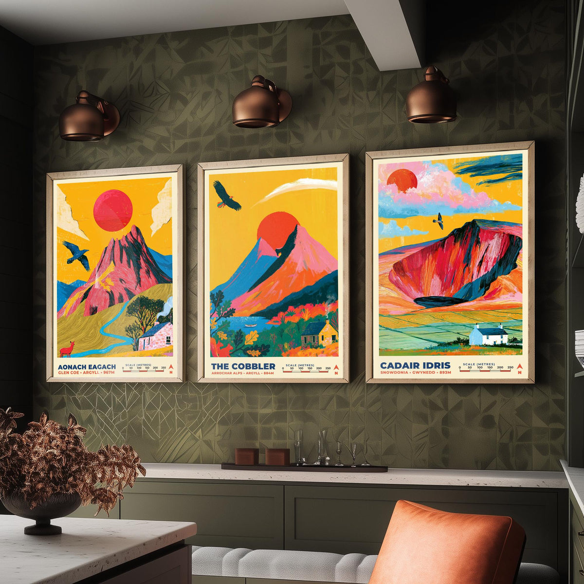 Peaks of Legend and Drama Set of Three Art Prints, Aonach Eagach The Cobbler and Cadair Idris Poster Illustration