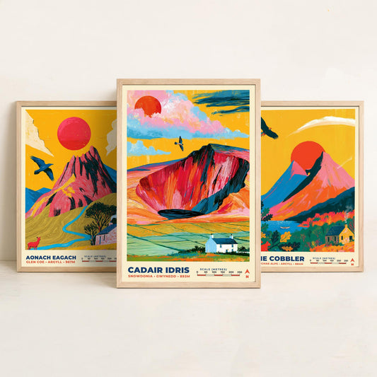 Peaks of Legend and Drama Set of Three Art Prints, Aonach Eagach The Cobbler and Cadair Idris Poster Illustration