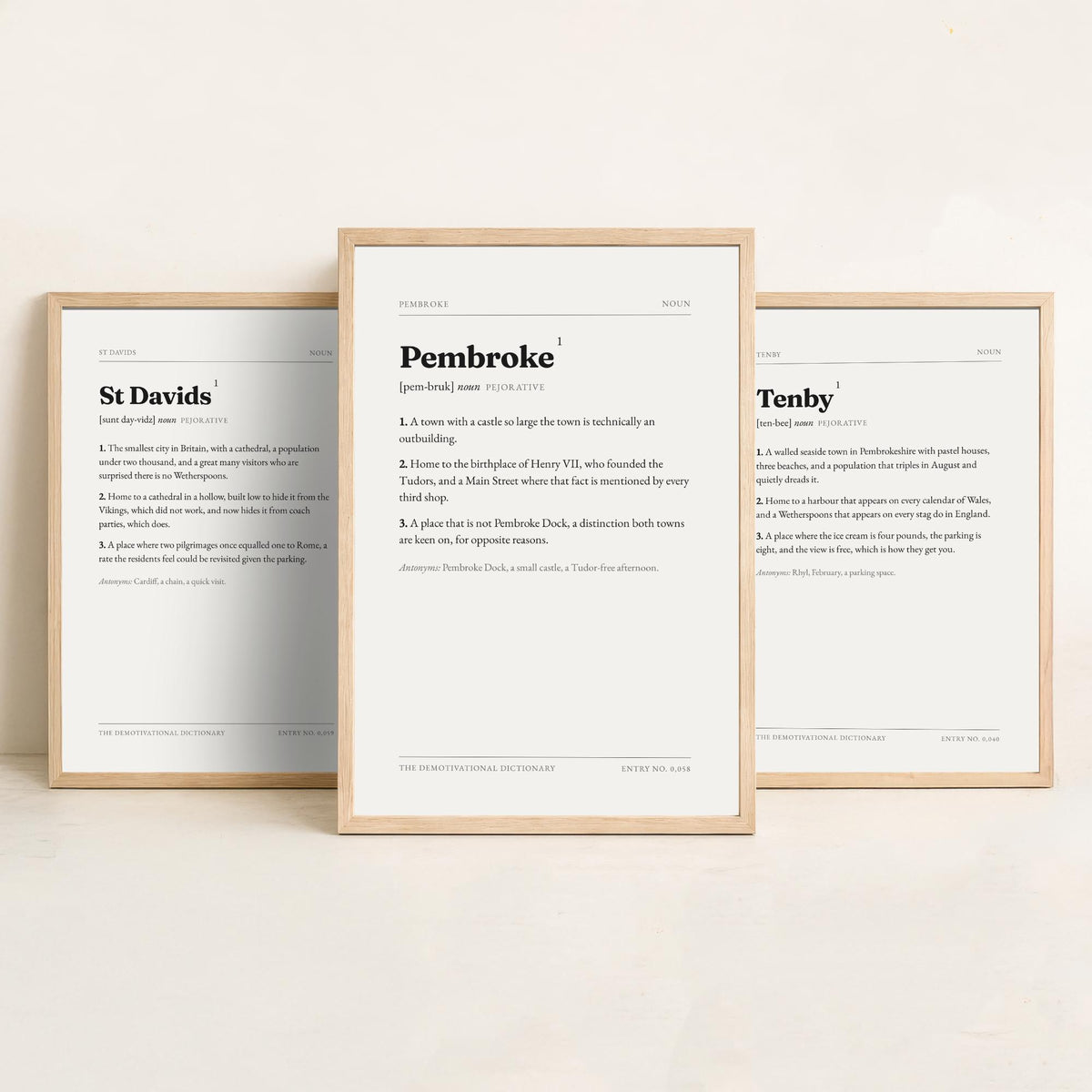 Pembrokeshire Demotivational Dictionary Set of Three Art Prints - St Davids, Tenby, Pembroke - Funny West Wales Typography Poster
