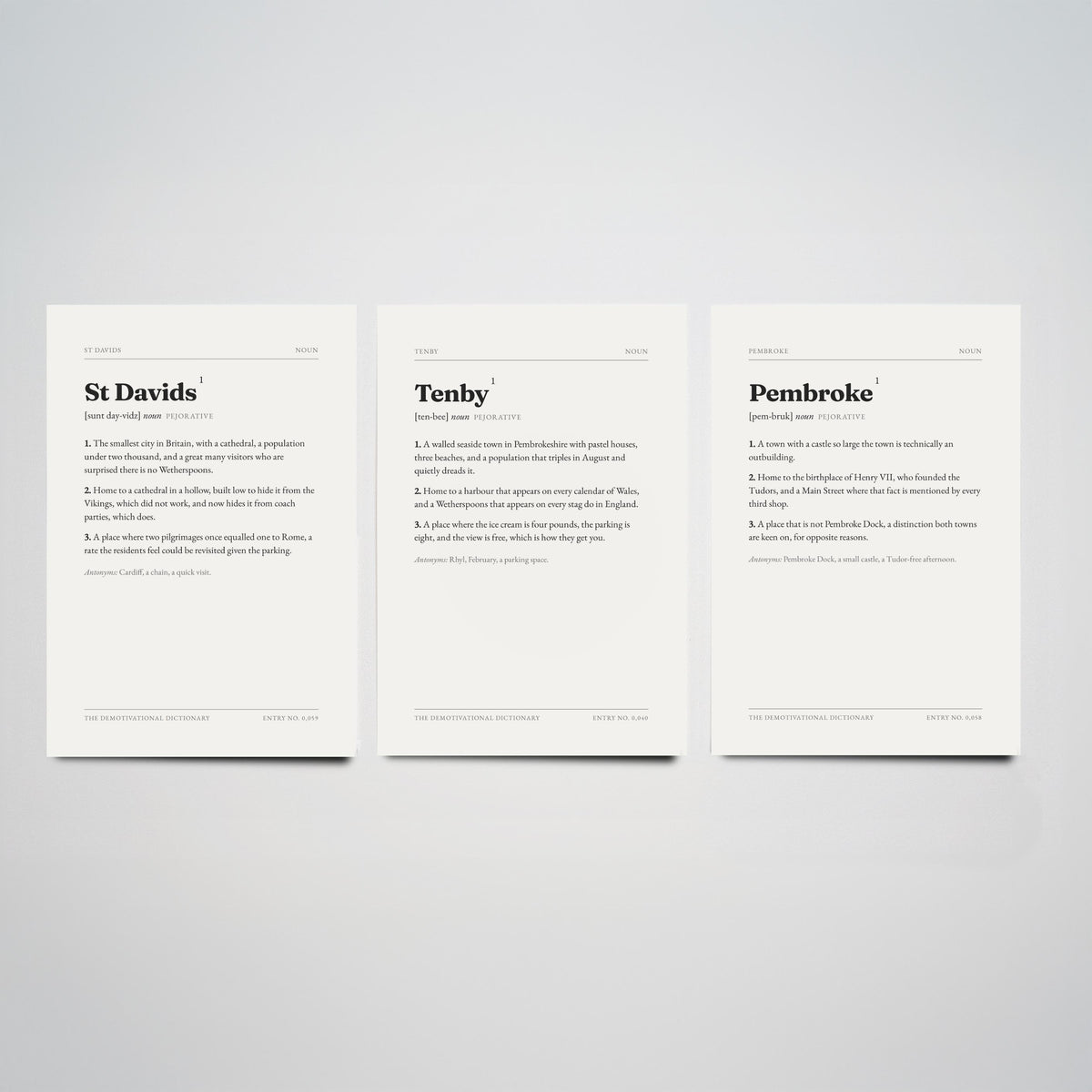 Pembrokeshire Demotivational Dictionary Set of Three Art Prints - St Davids, Tenby, Pembroke - Funny West Wales Typography Poster
