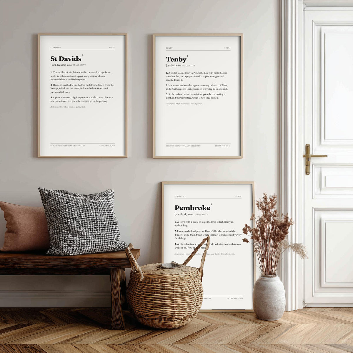 Pembrokeshire Demotivational Dictionary Set of Three Art Prints - St Davids, Tenby, Pembroke - Funny West Wales Typography Poster