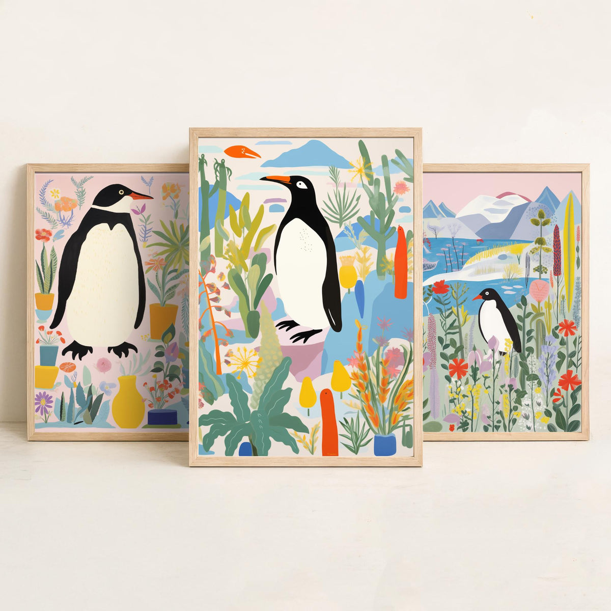 Penguins with Colourful Plants Set of Three Art Prints - Folk Garden Penguins - Bright Botanical Poster Illustration