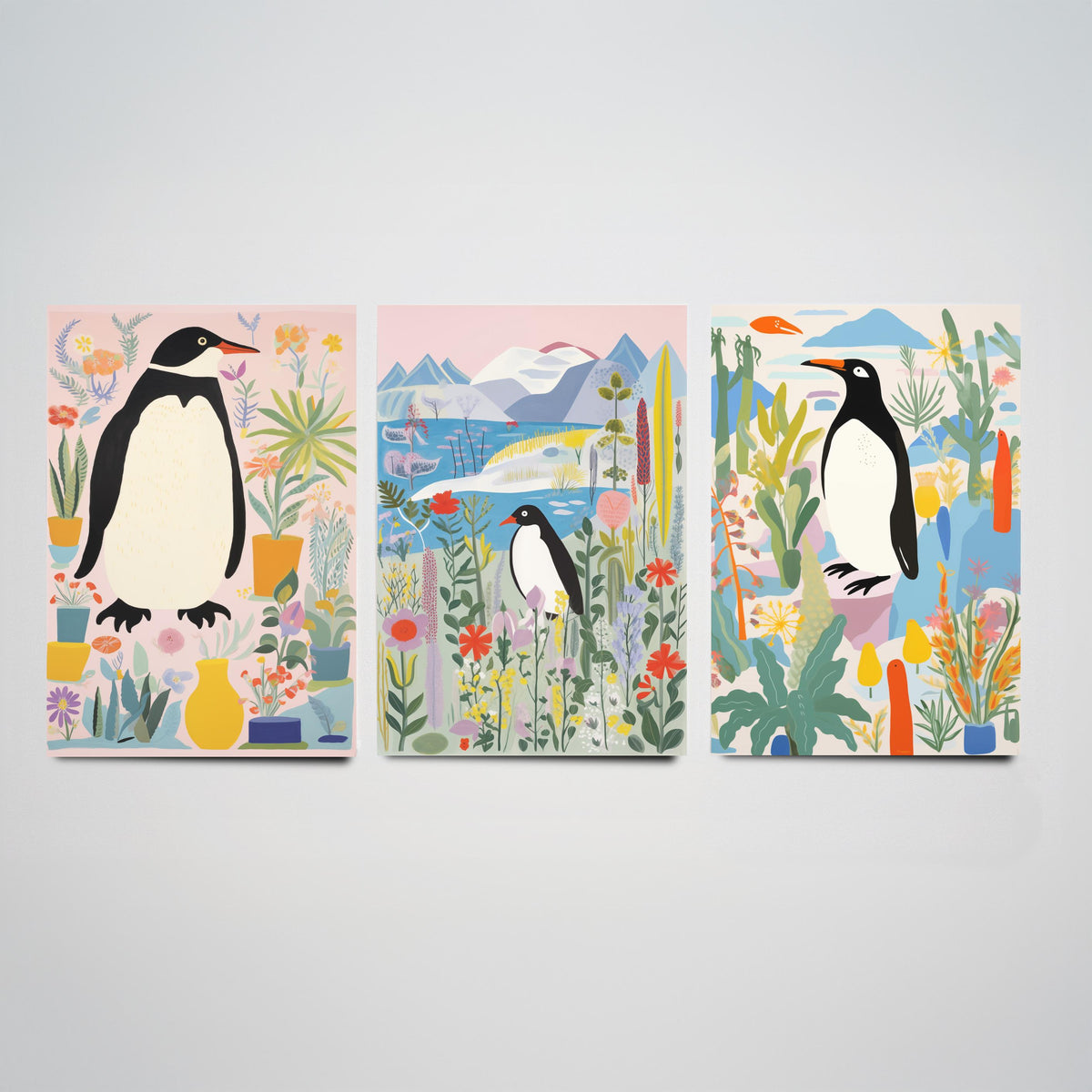 Penguins with Colourful Plants Set of Three Art Prints - Folk Garden Penguins - Bright Botanical Poster Illustration