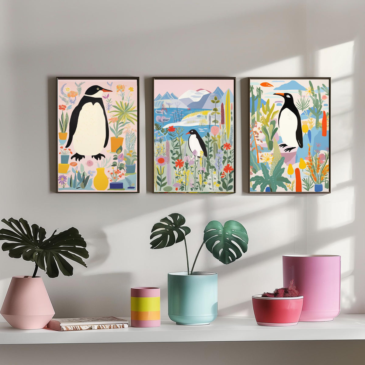Penguins with Colourful Plants Set of Three Art Prints - Folk Garden Penguins - Bright Botanical Poster Illustration