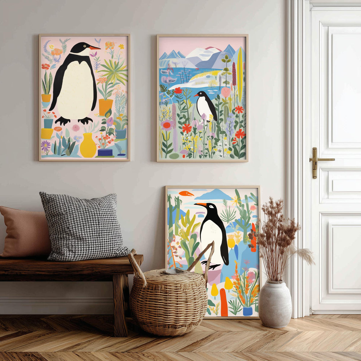 Penguins with Colourful Plants Set of Three Art Prints - Folk Garden Penguins - Bright Botanical Poster Illustration