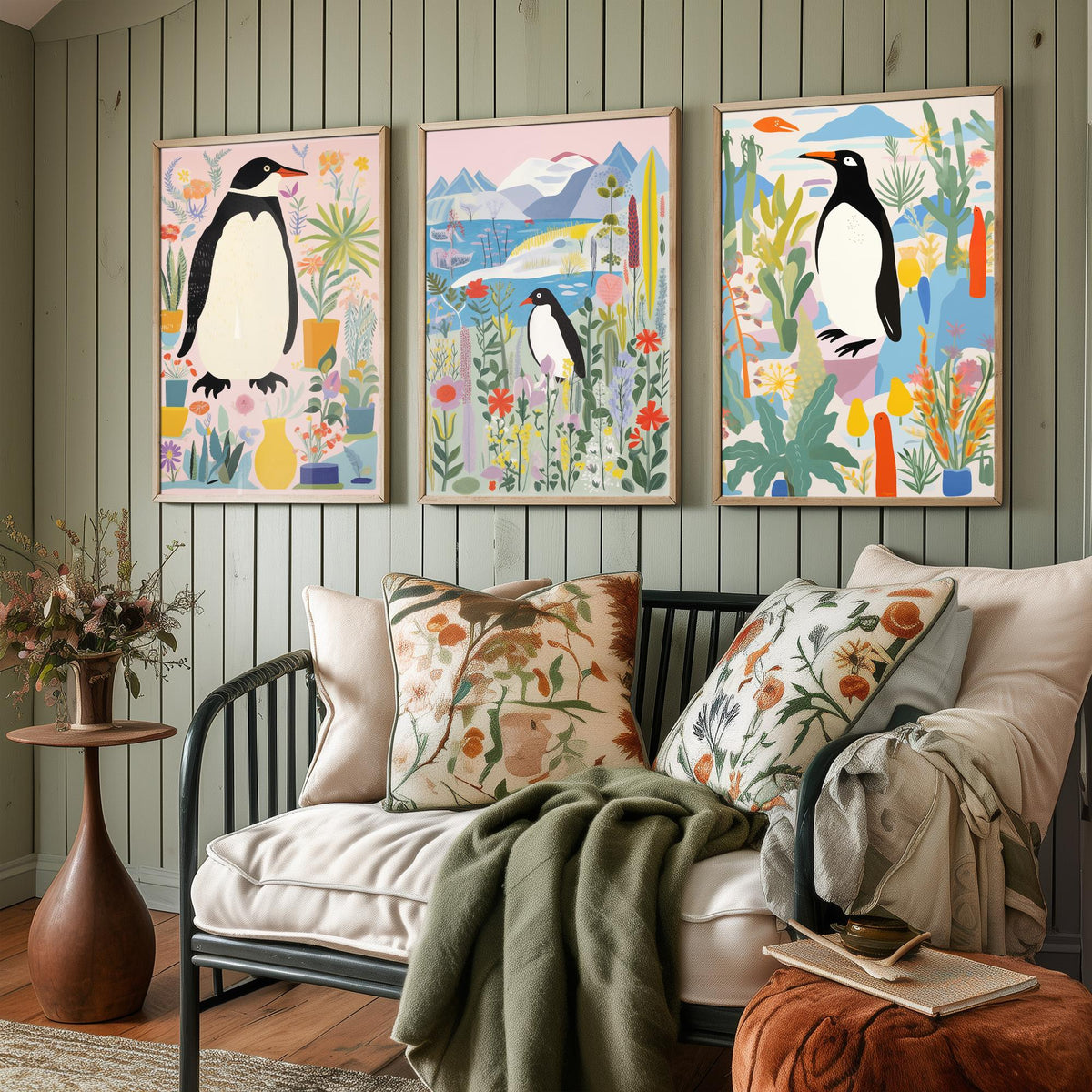Penguins with Colourful Plants Set of Three Art Prints - Folk Garden Penguins - Bright Botanical Poster Illustration