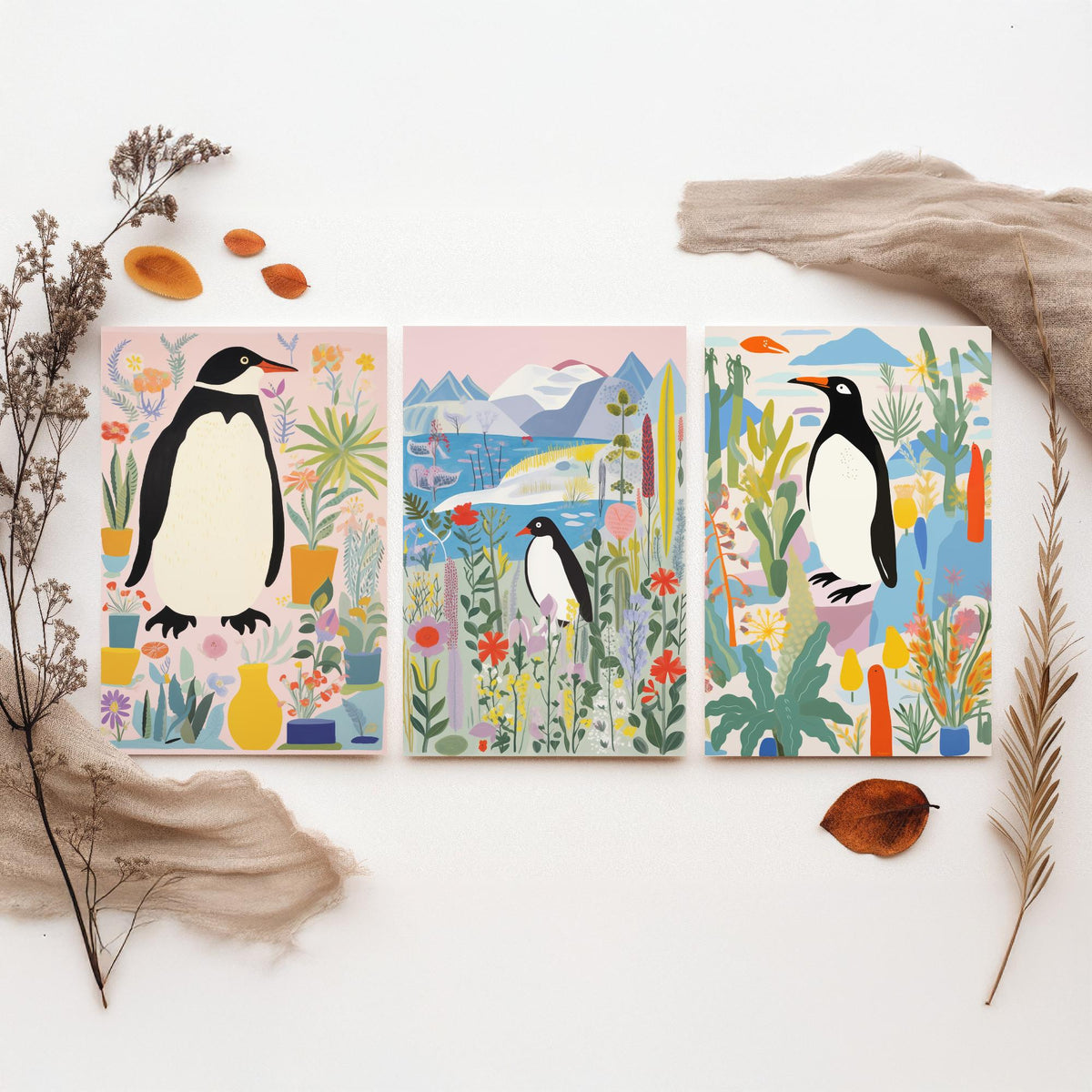 Penguins with Colourful Plants Set of Three Art Prints - Folk Garden Penguins - Bright Botanical Poster Illustration
