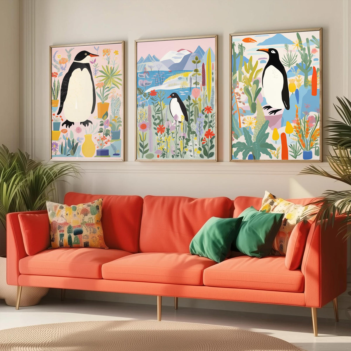Penguins with Colourful Plants Set of Three Art Prints - Folk Garden Penguins - Bright Botanical Poster Illustration