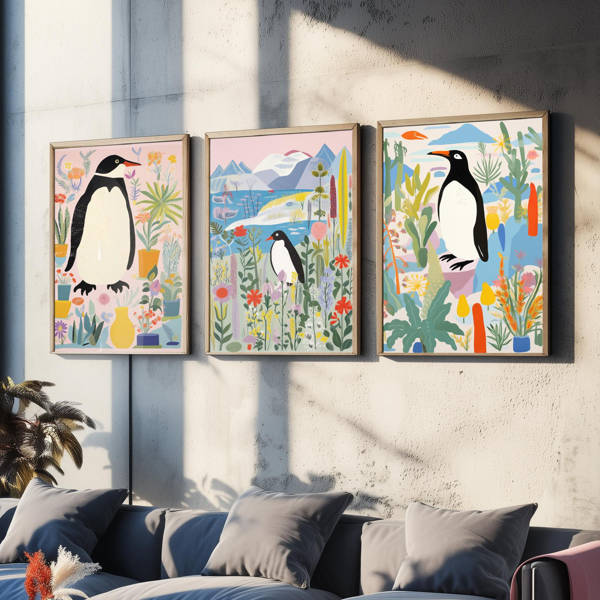 Penguins with Colourful Plants Set of Three Art Prints - Folk Garden Penguins - Bright Botanical Poster Illustration