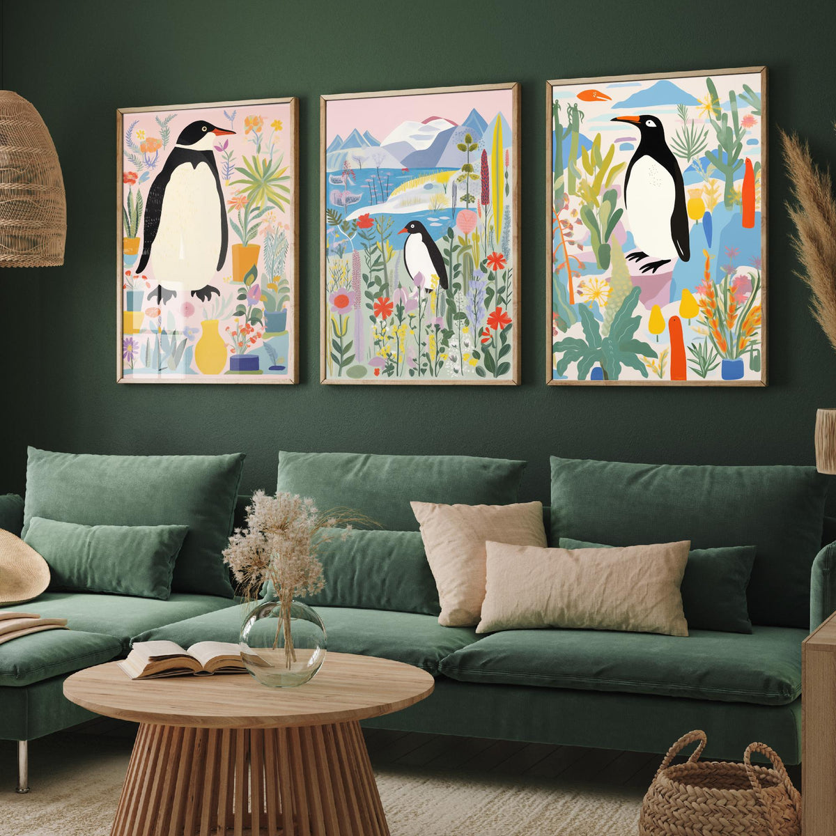 Penguins with Colourful Plants Set of Three Art Prints - Folk Garden Penguins - Bright Botanical Poster Illustration