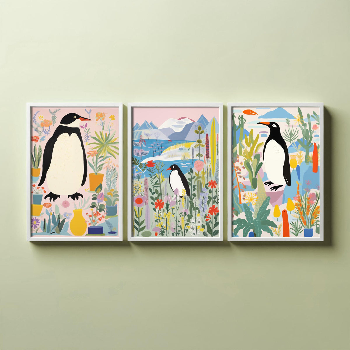 Penguins with Colourful Plants Set of Three Art Prints - Folk Garden Penguins - Bright Botanical Poster Illustration