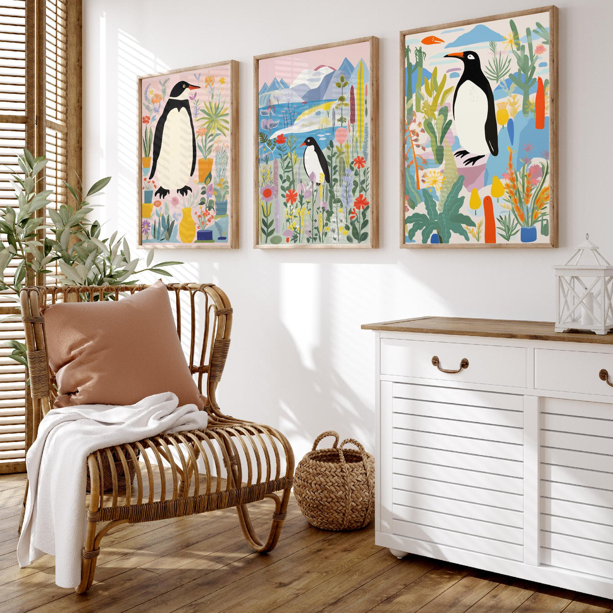 Penguins with Colourful Plants Set of Three Art Prints - Folk Garden Penguins - Bright Botanical Poster Illustration