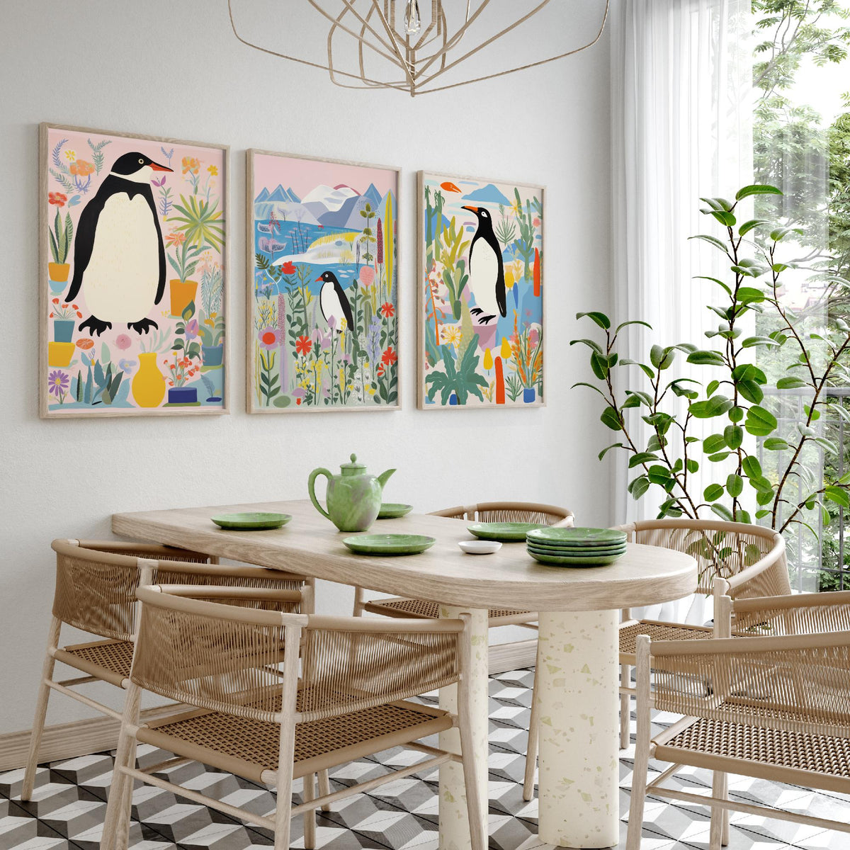 Penguins with Colourful Plants Set of Three Art Prints - Folk Garden Penguins - Bright Botanical Poster Illustration