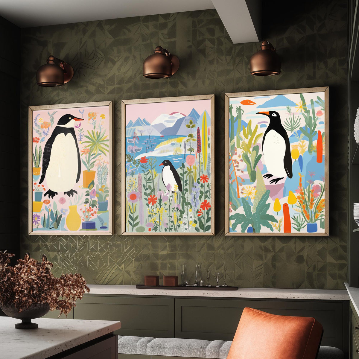 Penguins with Colourful Plants Set of Three Art Prints - Folk Garden Penguins - Bright Botanical Poster Illustration