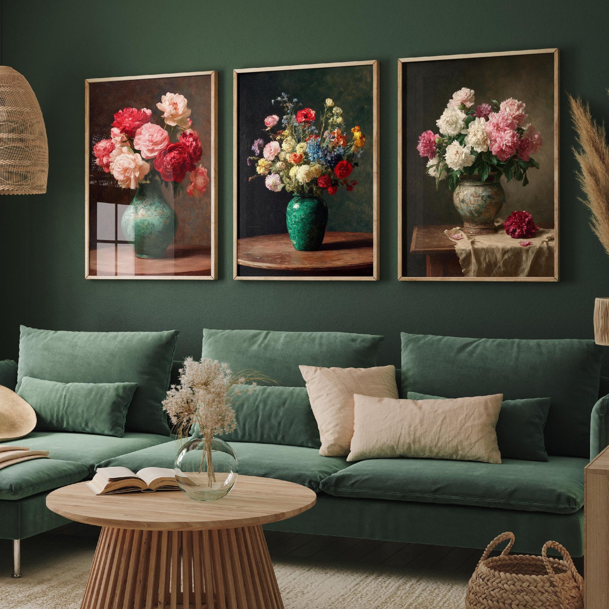 Peony Oil Painting Set of Three Art Prints - 3 Floral Still Life Posters - Red Pink Cream Bouquet Wall Art Giclee Botanical V1
