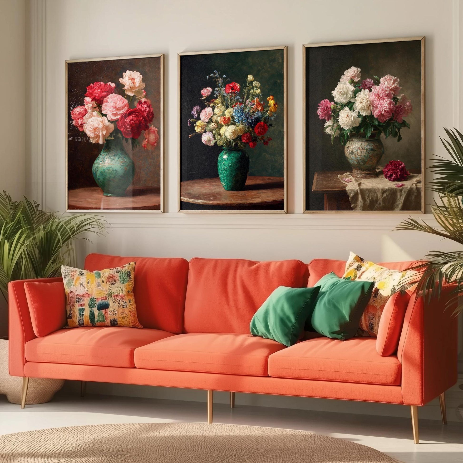 Peony Oil Painting Set of Three Art Prints - 3 Floral Still Life Posters - Red Pink Cream Bouquet Wall Art Giclee Botanical V1