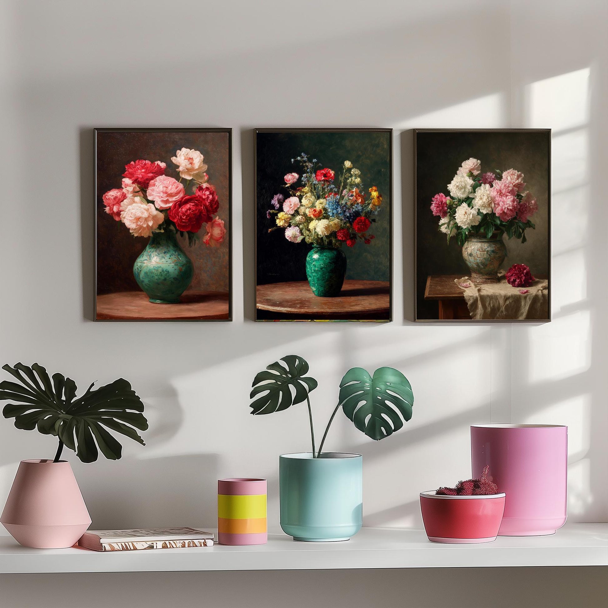 Peony Oil Painting Set of Three Art Prints - 3 Floral Still Life Posters - Red Pink Cream Bouquet Wall Art Giclee Botanical V1