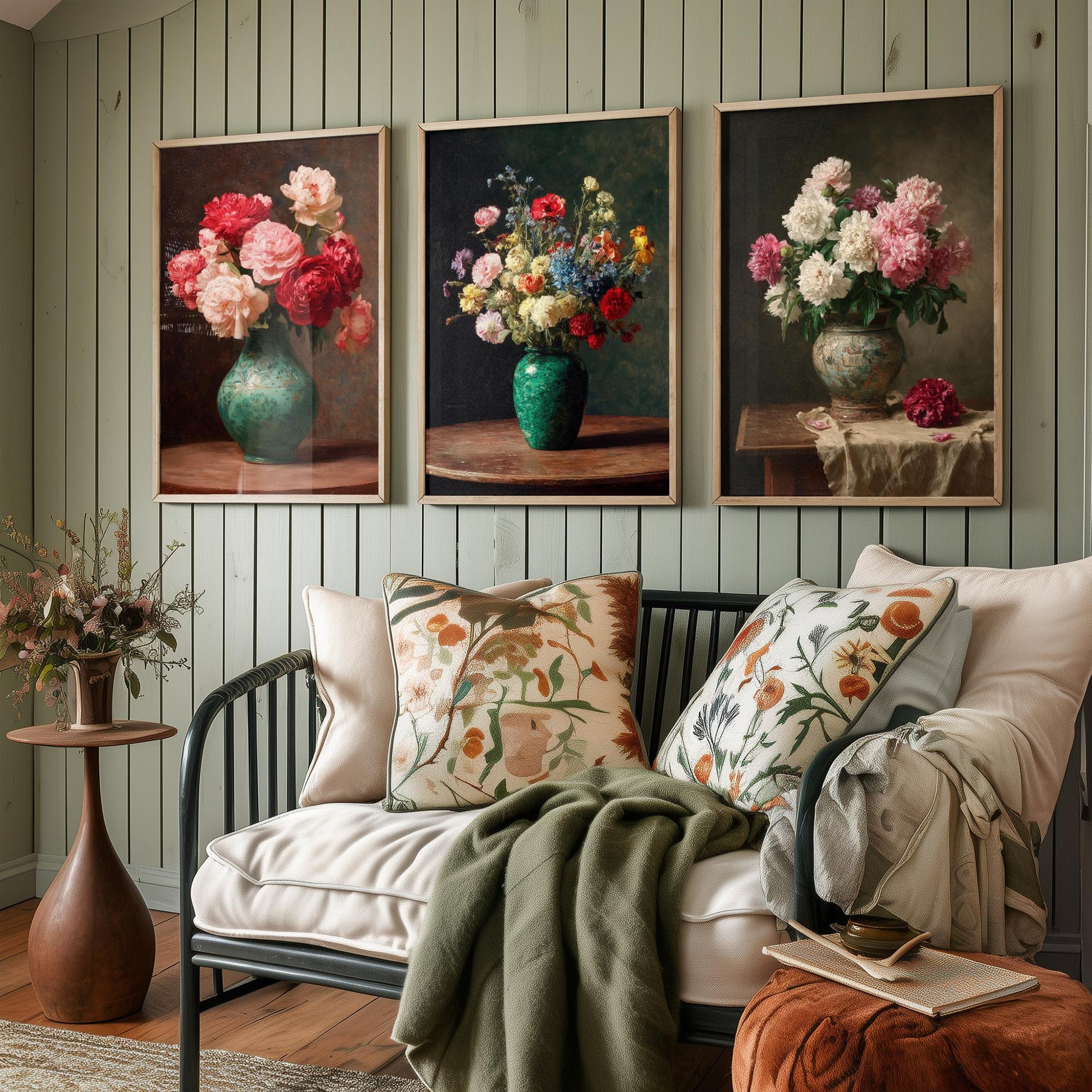 Peony Oil Painting Set of Three Art Prints - 3 Floral Still Life Posters - Red Pink Cream Bouquet Wall Art Giclee Botanical V1