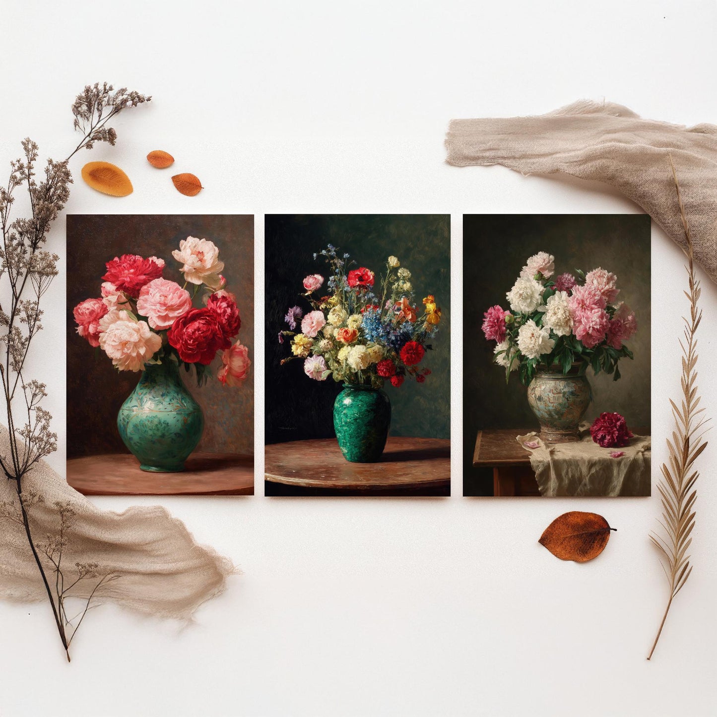 Peony Oil Painting Set of Three Art Prints - 3 Floral Still Life Posters - Red Pink Cream Bouquet Wall Art Giclee Botanical V1