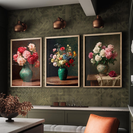 Peony Oil Painting Set of Three Art Prints - 3 Floral Still Life Posters - Red Pink Cream Bouquet Wall Art Giclee Botanical V1