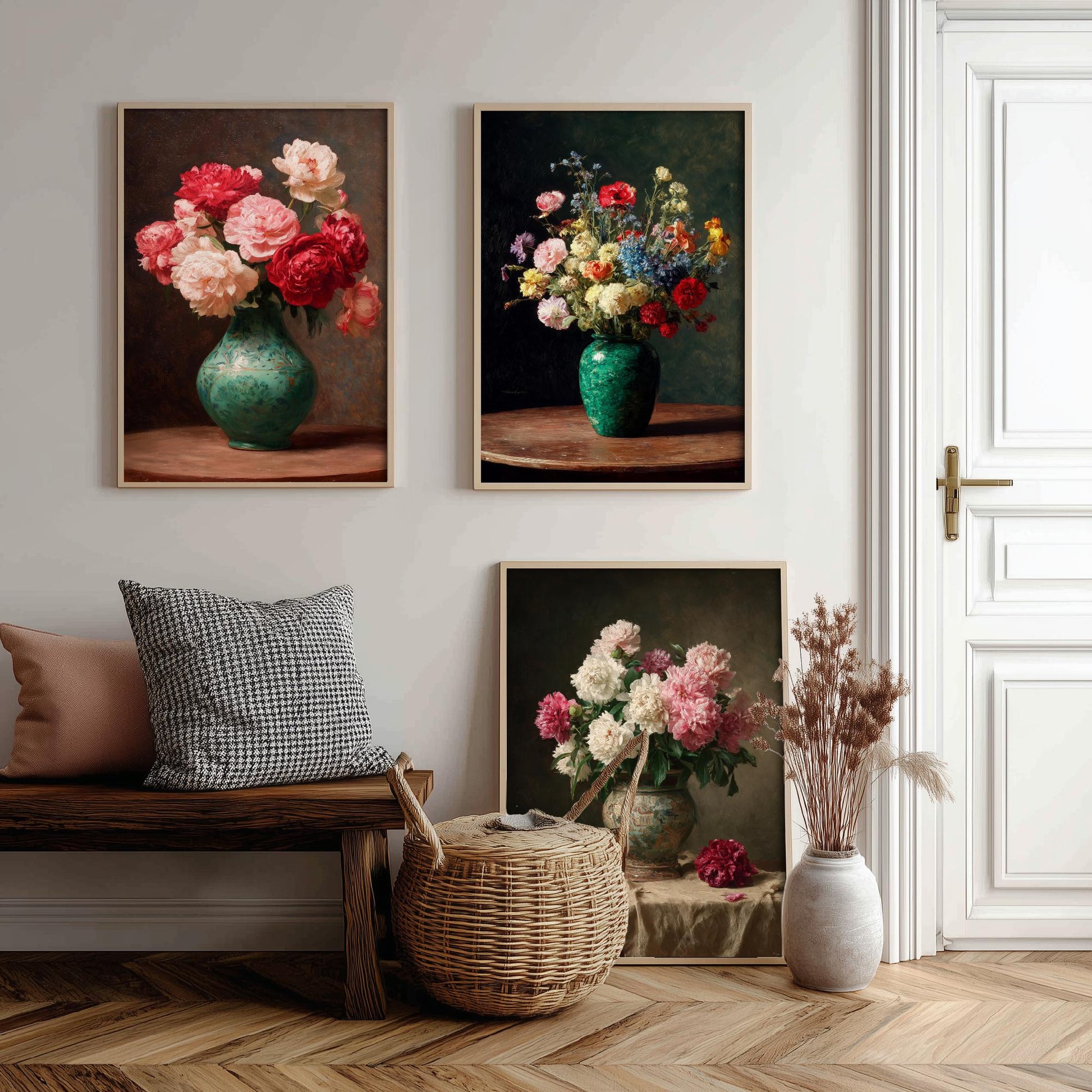 Peony Oil Painting Set of Three Art Prints - 3 Floral Still Life Posters - Red Pink Cream Bouquet Wall Art Giclee Botanical V1