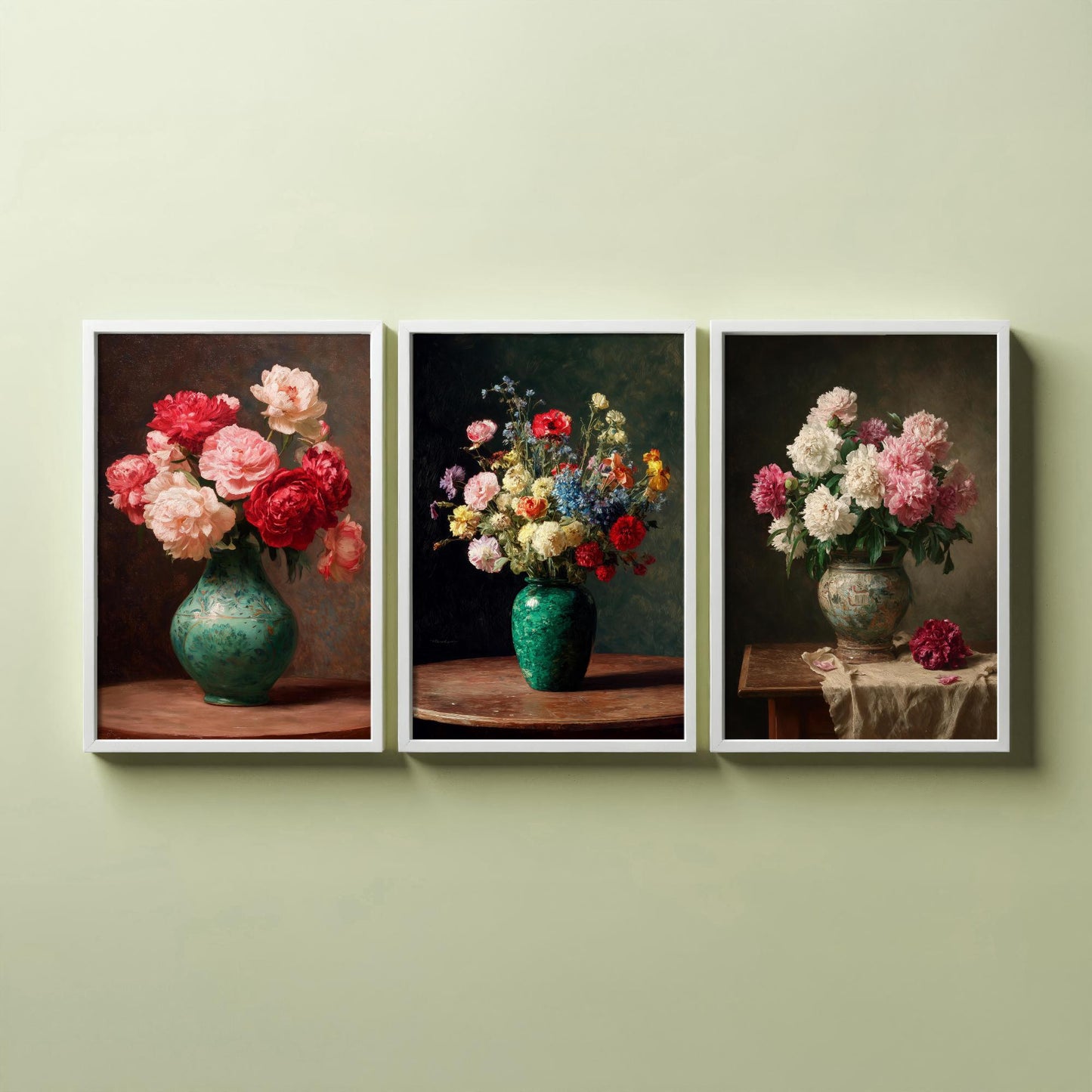 Peony Oil Painting Set of Three Art Prints - 3 Floral Still Life Posters - Red Pink Cream Bouquet Wall Art Giclee Botanical V1