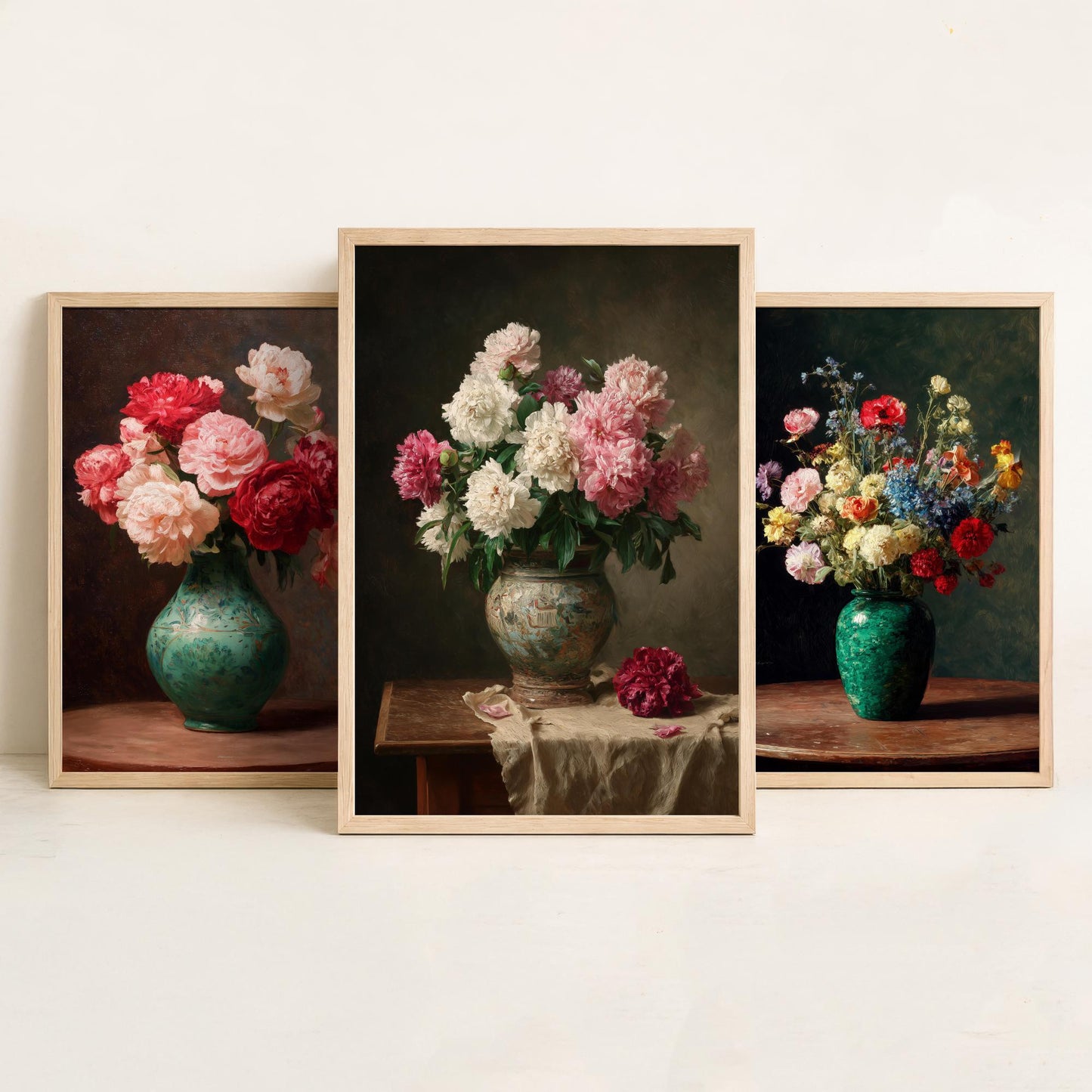 Peony Oil Painting Set of Three Art Prints - 3 Floral Still Life Posters - Red Pink Cream Bouquet Wall Art Giclee Botanical V1
