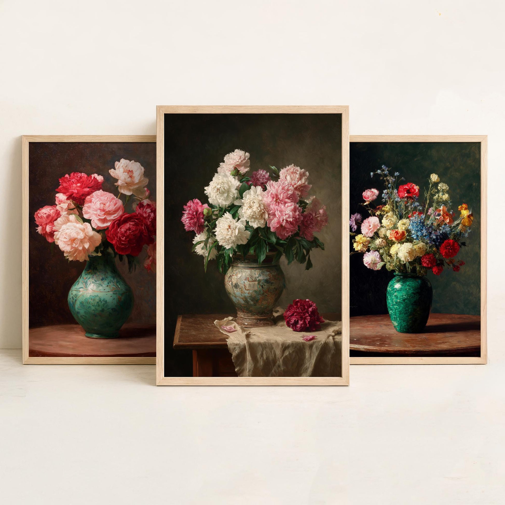 Peony Oil Painting Set of Three Art Prints - 3 Floral Still Life Posters - Red Pink Cream Bouquet Wall Art Giclee Botanical V1