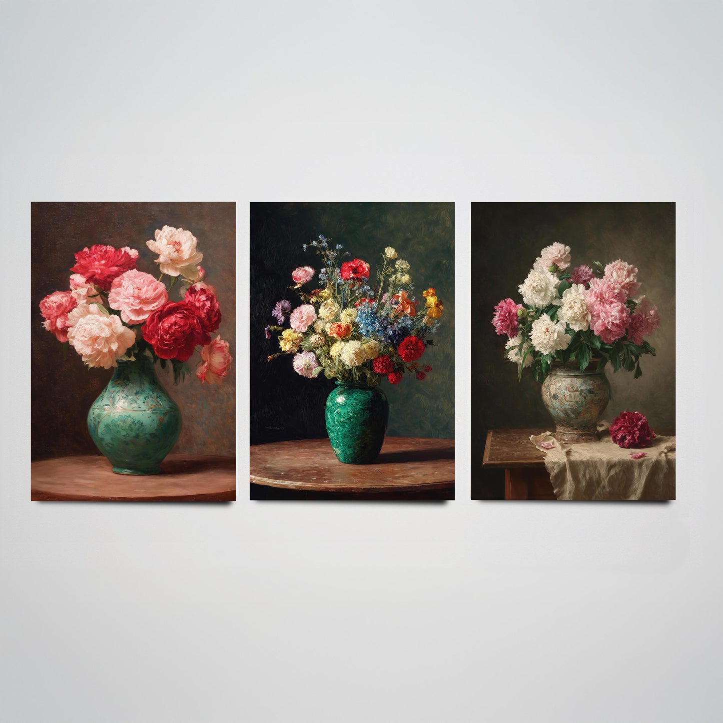 Peony Oil Painting Set of Three Art Prints - 3 Floral Still Life Posters - Red Pink Cream Bouquet Wall Art Giclee Botanical V1