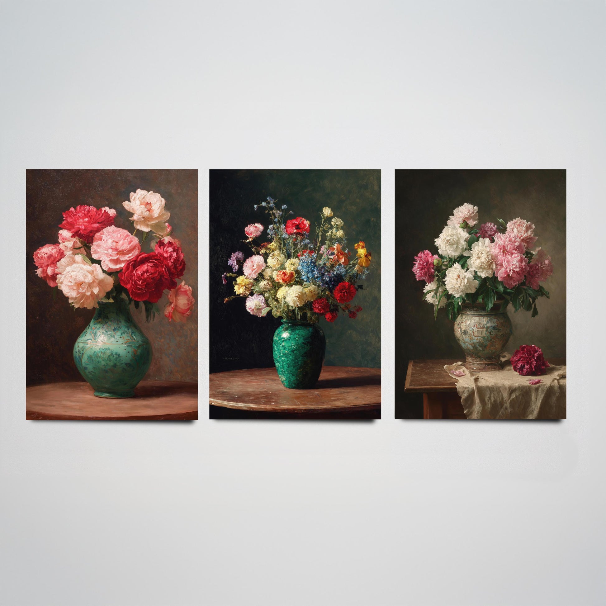 Peony Oil Painting Set of Three Art Prints - 3 Floral Still Life Posters - Red Pink Cream Bouquet Wall Art Giclee Botanical V1