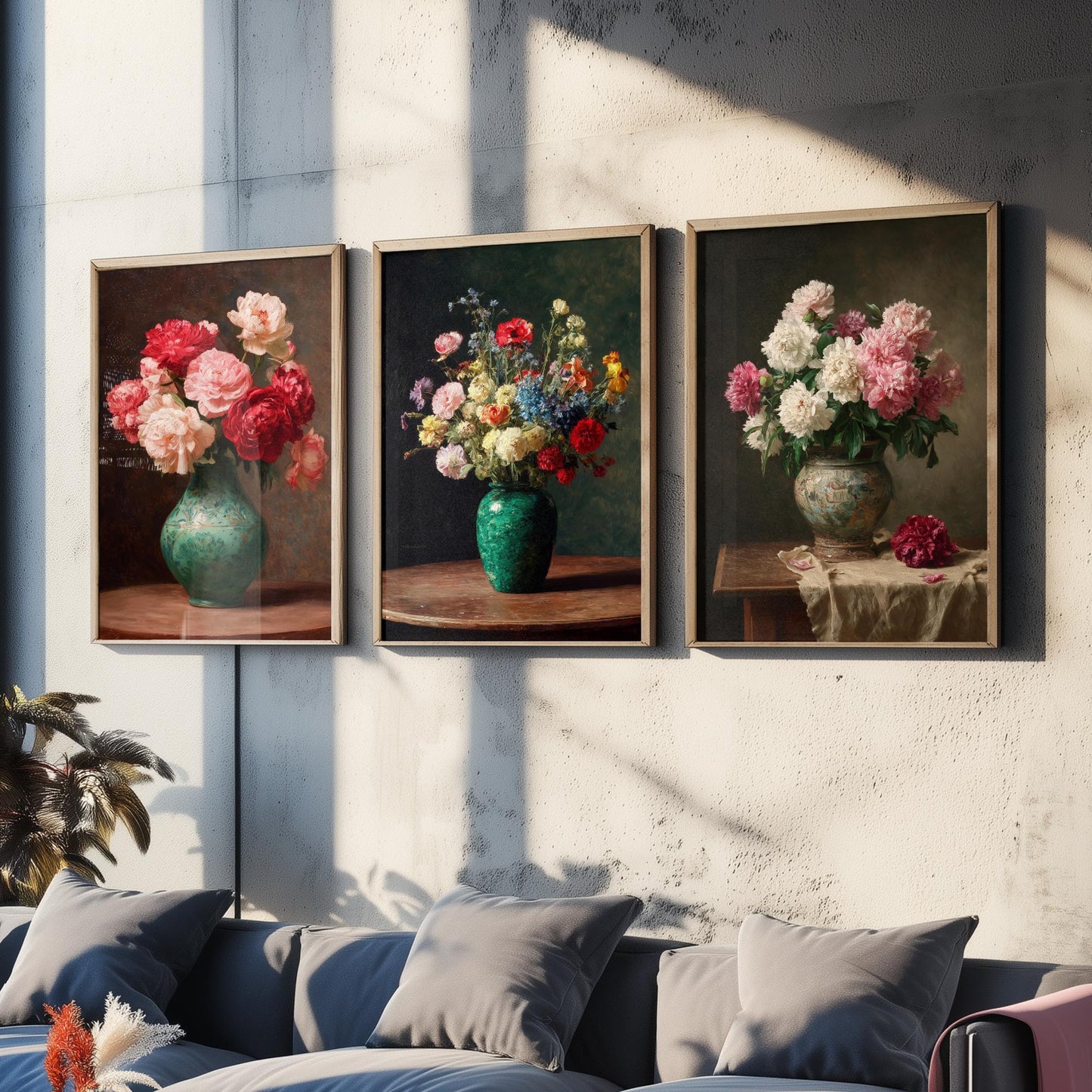 Peony Oil Painting Set of Three Art Prints - 3 Floral Still Life Posters - Red Pink Cream Bouquet Wall Art Giclee Botanical V1