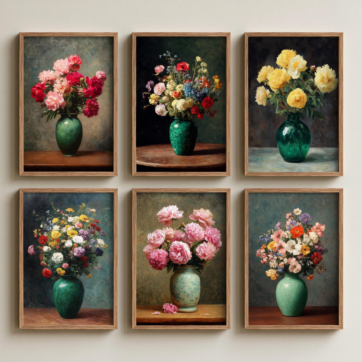 Set of Six Peony Still Life Art Prints - 6 Vintage Flower Vase Posters - Pink, Red, Yellow Peonies and Wildflowers Oil Painting