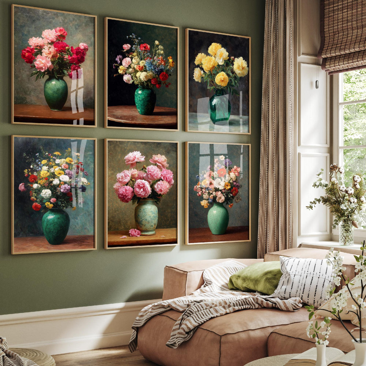 Set of Six Peony Still Life Art Prints - 6 Vintage Flower Vase Posters - Pink, Red, Yellow Peonies and Wildflowers Oil Painting