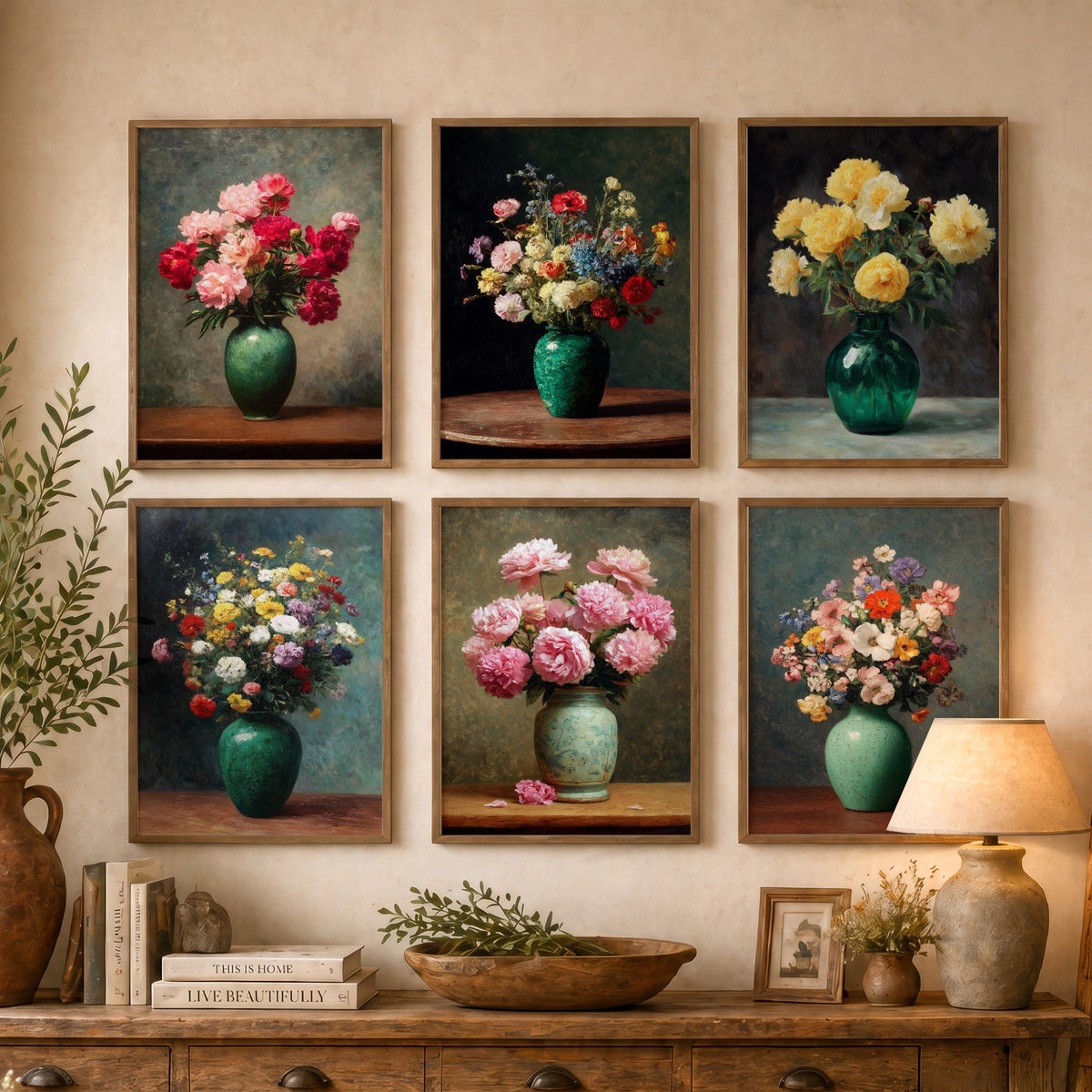Set of Six Peony Still Life Art Prints - 6 Vintage Flower Vase Posters - Pink, Red, Yellow Peonies and Wildflowers Oil Painting