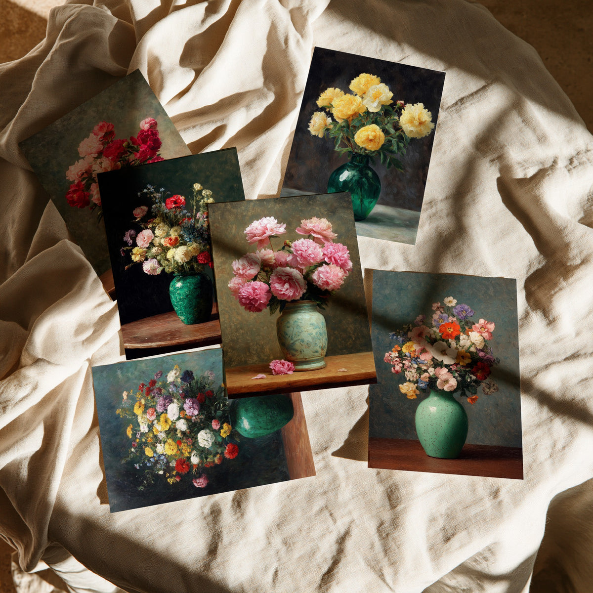 Set of Six Peony Still Life Art Prints - 6 Vintage Flower Vase Posters - Pink, Red, Yellow Peonies and Wildflowers Oil Painting
