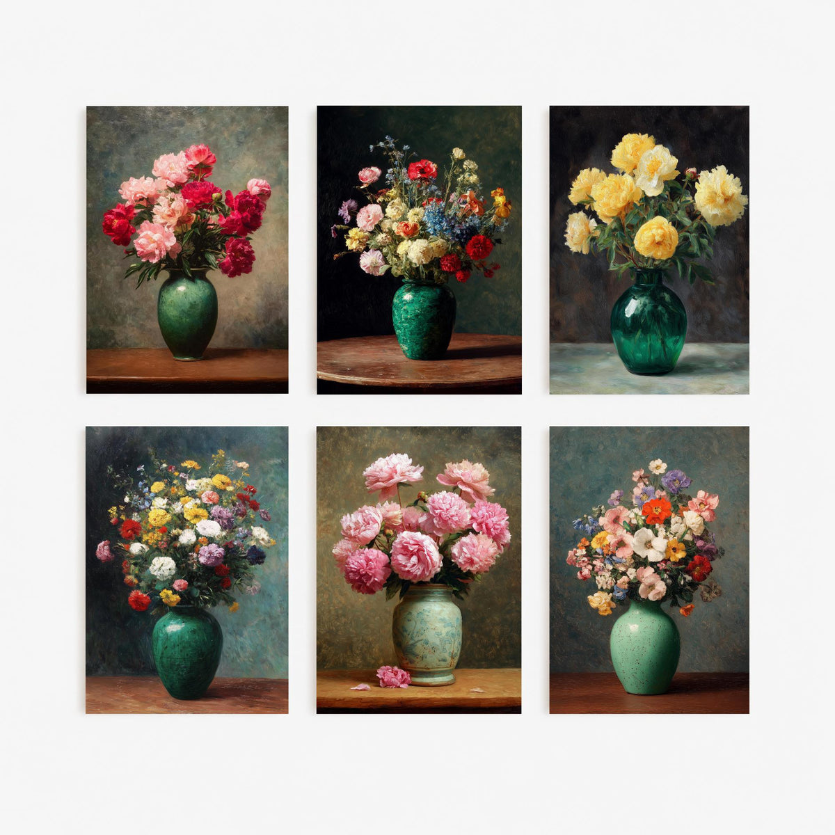 Set of Six Peony Still Life Art Prints - 6 Vintage Flower Vase Posters - Pink, Red, Yellow Peonies and Wildflowers Oil Painting