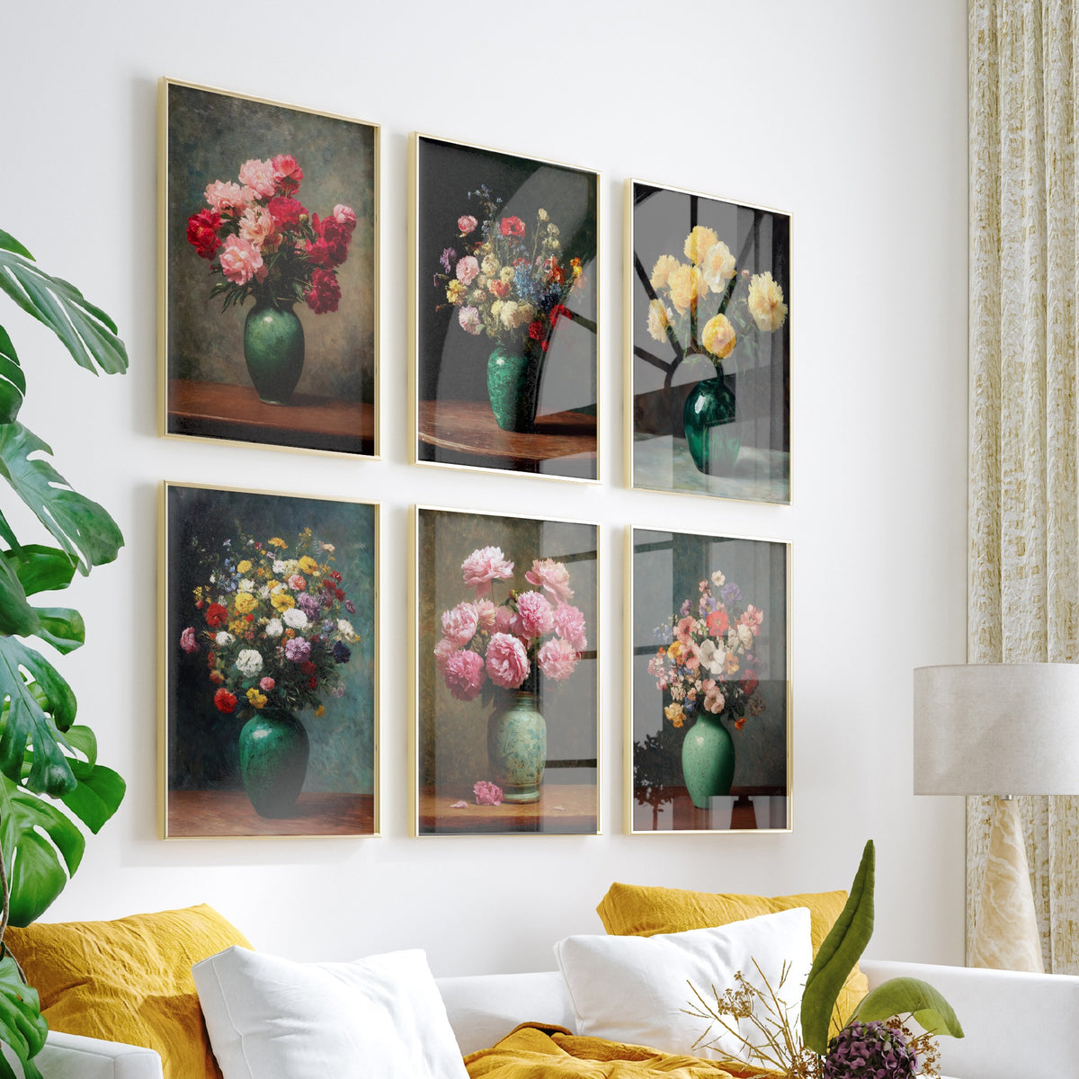 Set of Six Peony Still Life Art Prints - 6 Vintage Flower Vase Posters - Pink, Red, Yellow Peonies and Wildflowers Oil Painting