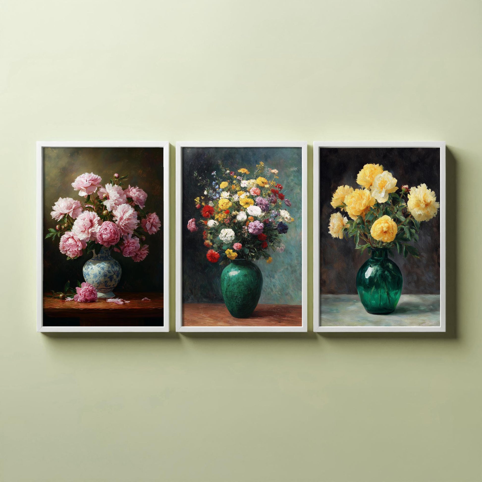 Pink Yellow Peony Painting Set of Three Art Prints - 3 Floral Bouquet Posters - Porcelain Vase Still Life Wall Art Giclee V2
