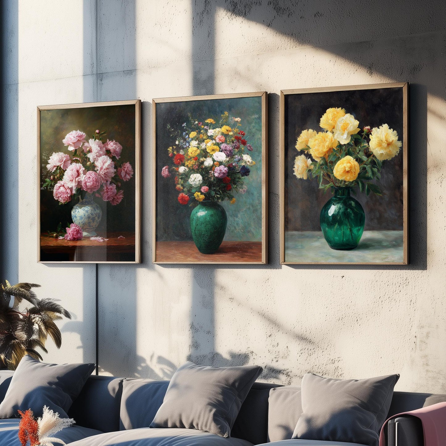 Pink Yellow Peony Painting Set of Three Art Prints - 3 Floral Bouquet Posters - Porcelain Vase Still Life Wall Art Giclee V2