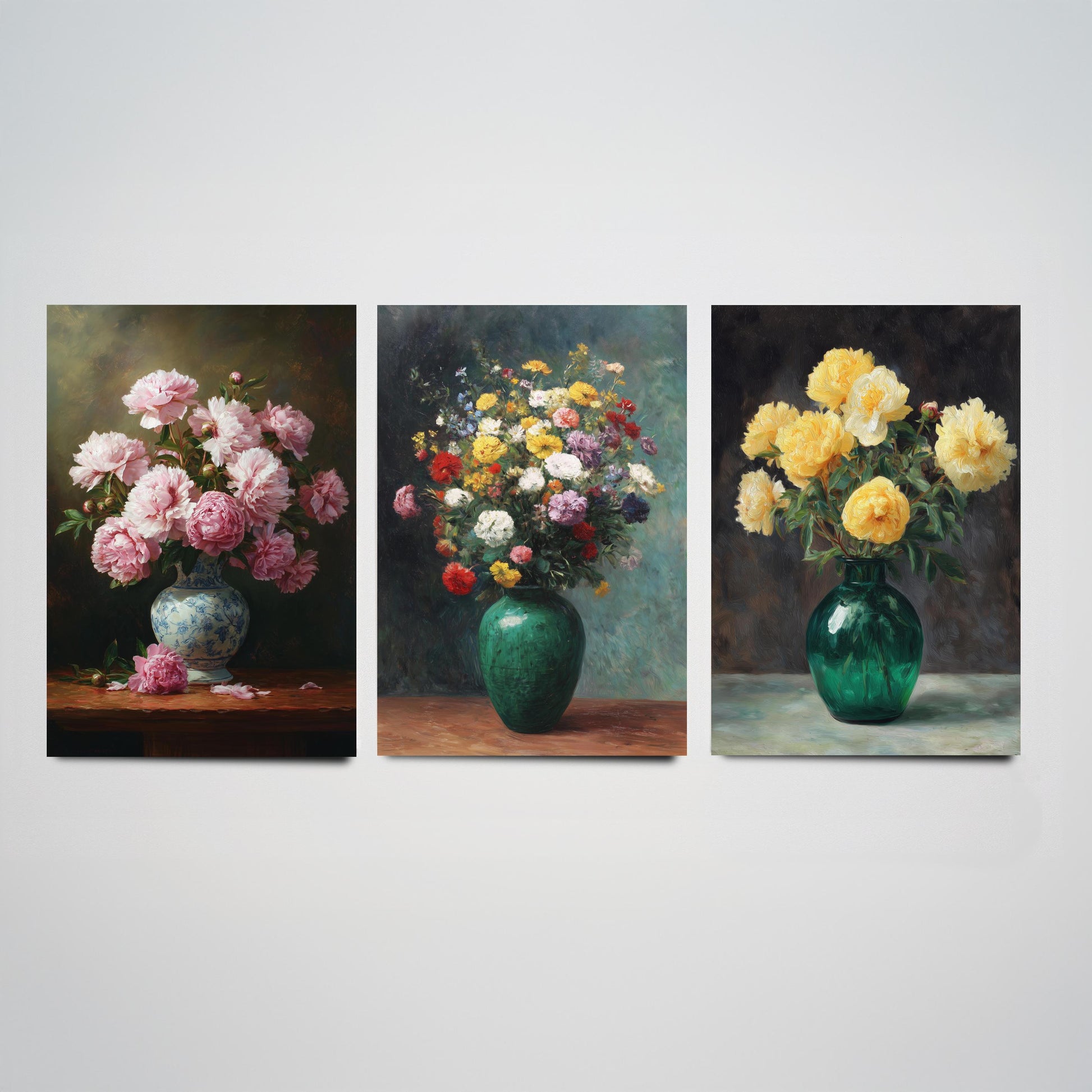 Pink Yellow Peony Painting Set of Three Art Prints - 3 Floral Bouquet Posters - Porcelain Vase Still Life Wall Art Giclee V2