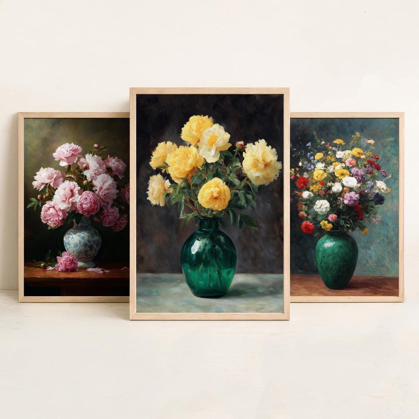 Pink Yellow Peony Painting Set of Three Art Prints - 3 Floral Bouquet Posters - Porcelain Vase Still Life Wall Art Giclee V2