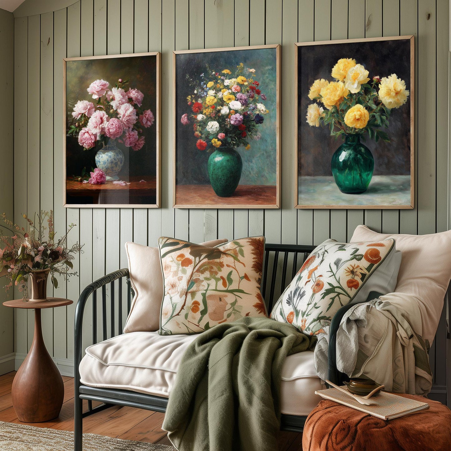 Pink Yellow Peony Painting Set of Three Art Prints - 3 Floral Bouquet Posters - Porcelain Vase Still Life Wall Art Giclee V2