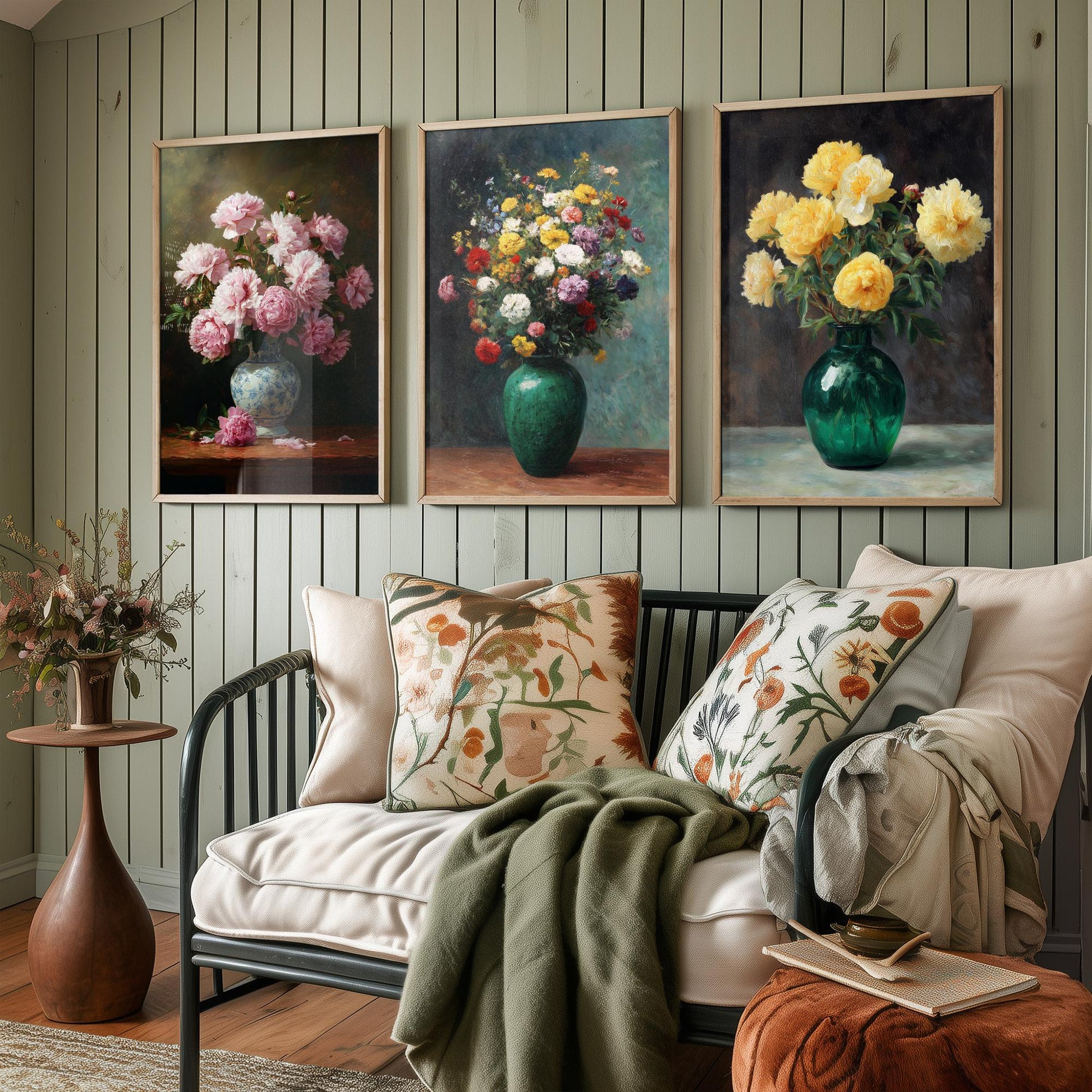 Pink Yellow Peony Painting Set of Three Art Prints - 3 Floral Bouquet Posters - Porcelain Vase Still Life Wall Art Giclee V2