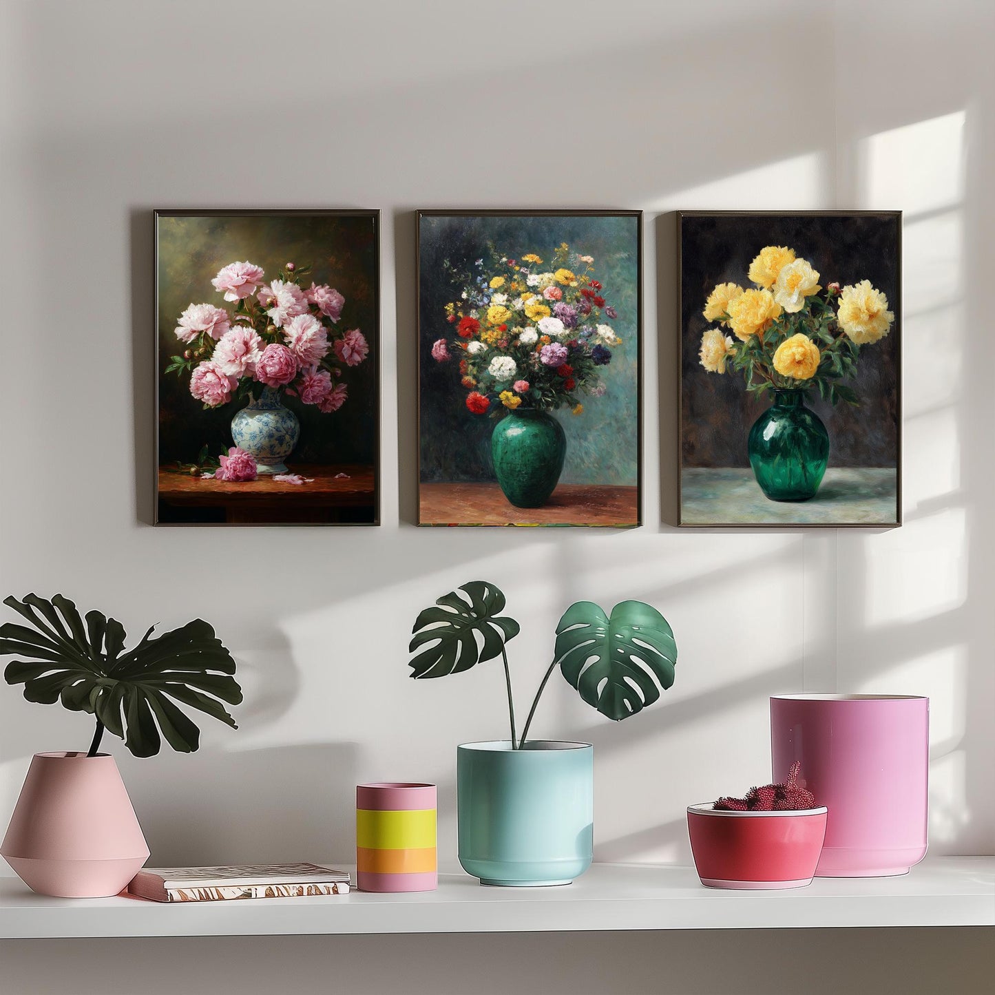 Pink Yellow Peony Painting Set of Three Art Prints - 3 Floral Bouquet Posters - Porcelain Vase Still Life Wall Art Giclee V2