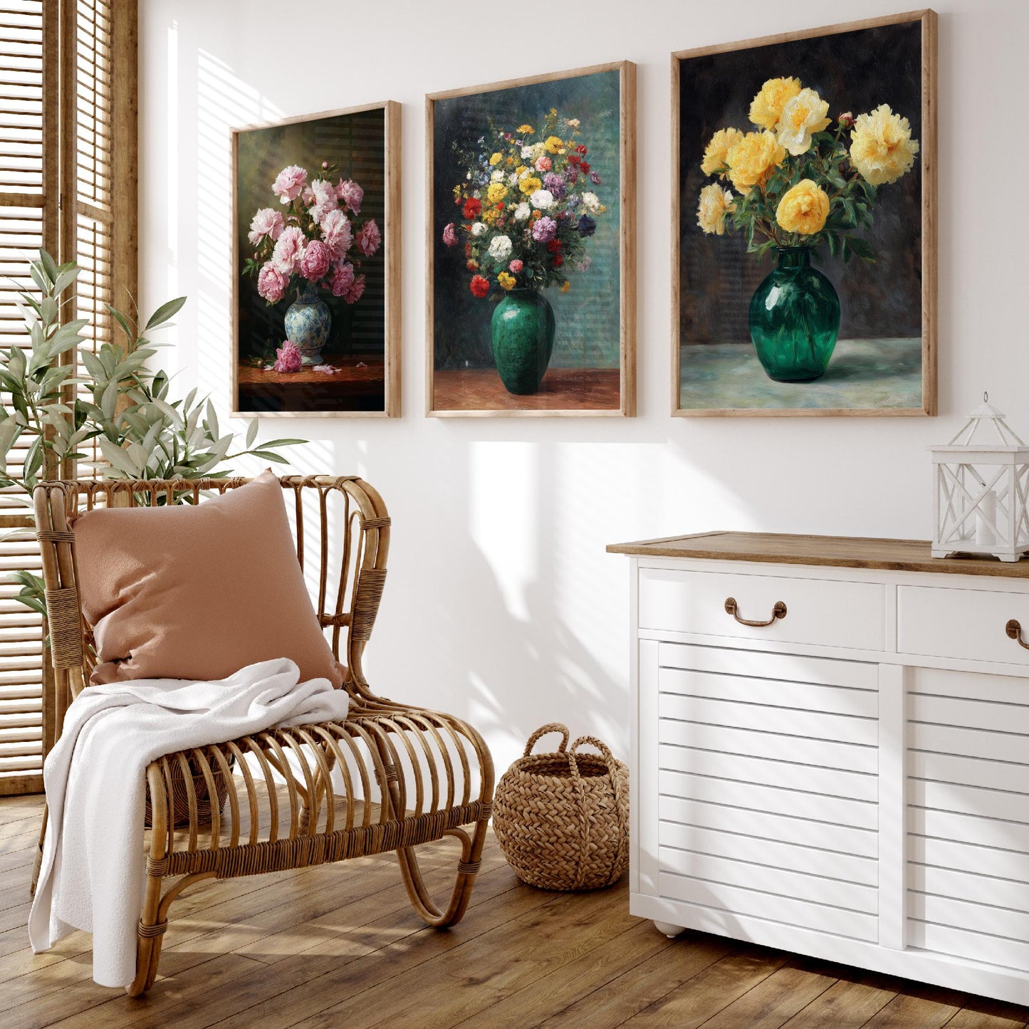 Pink Yellow Peony Painting Set of Three Art Prints - 3 Floral Bouquet Posters - Porcelain Vase Still Life Wall Art Giclee V2