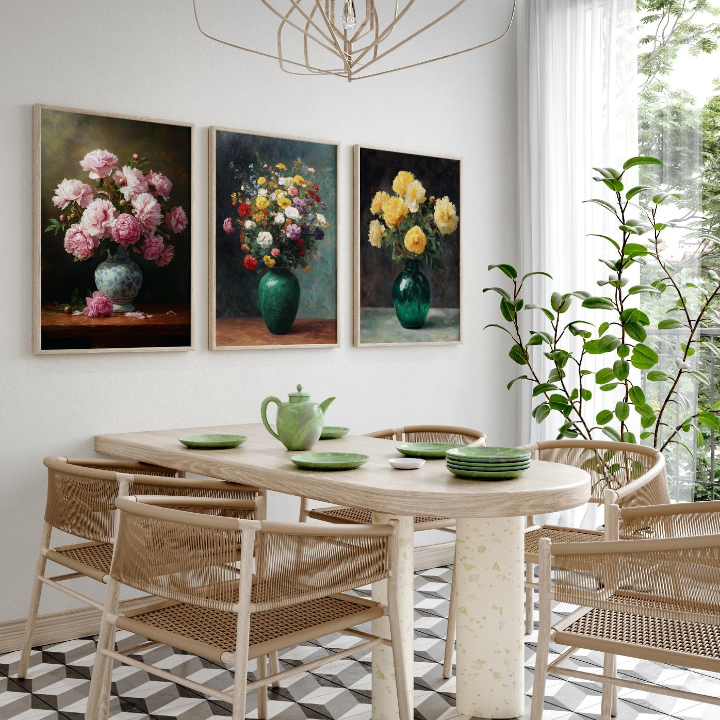 Pink Yellow Peony Painting Set of Three Art Prints - 3 Floral Bouquet Posters - Porcelain Vase Still Life Wall Art Giclee V2
