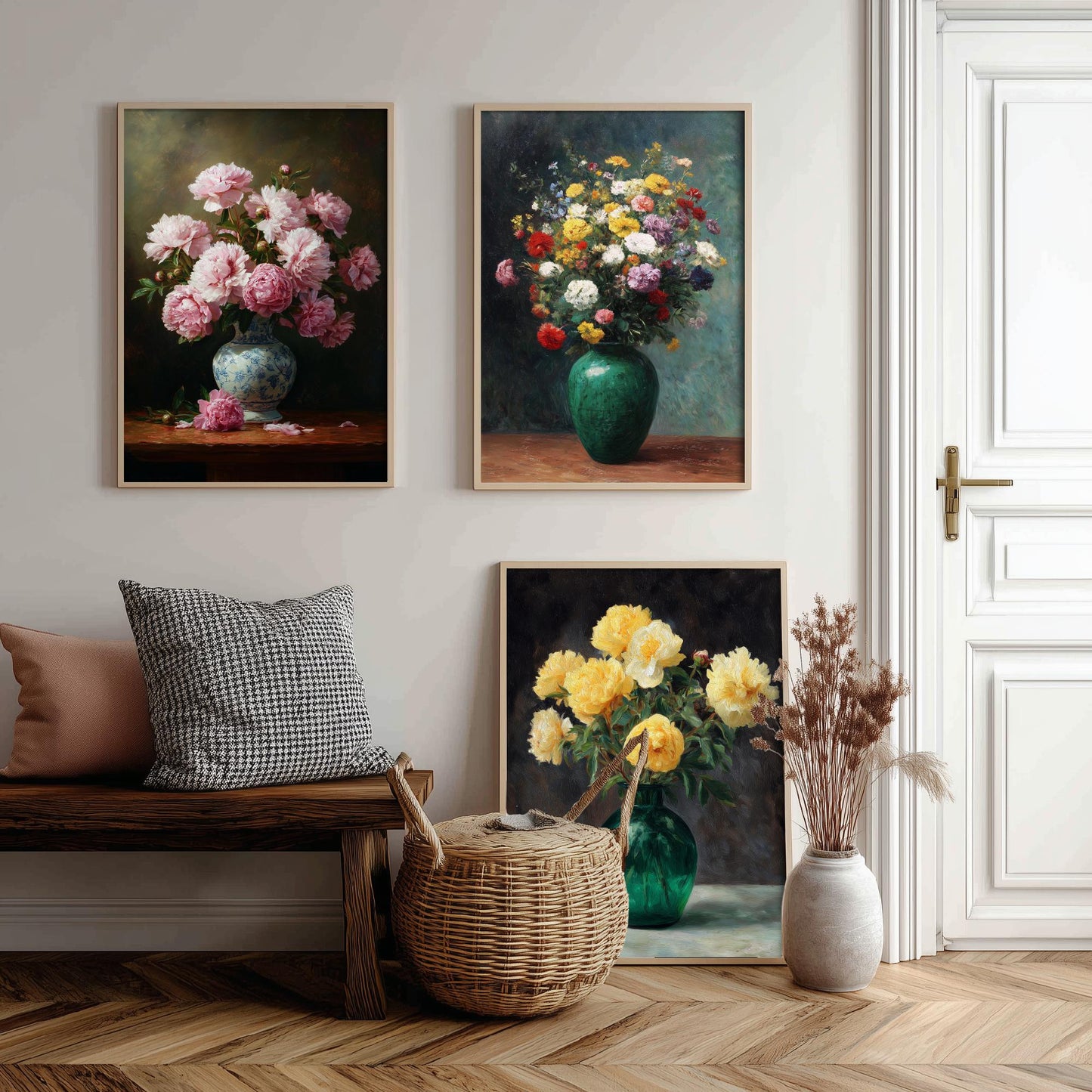 Pink Yellow Peony Painting Set of Three Art Prints - 3 Floral Bouquet Posters - Porcelain Vase Still Life Wall Art Giclee V2