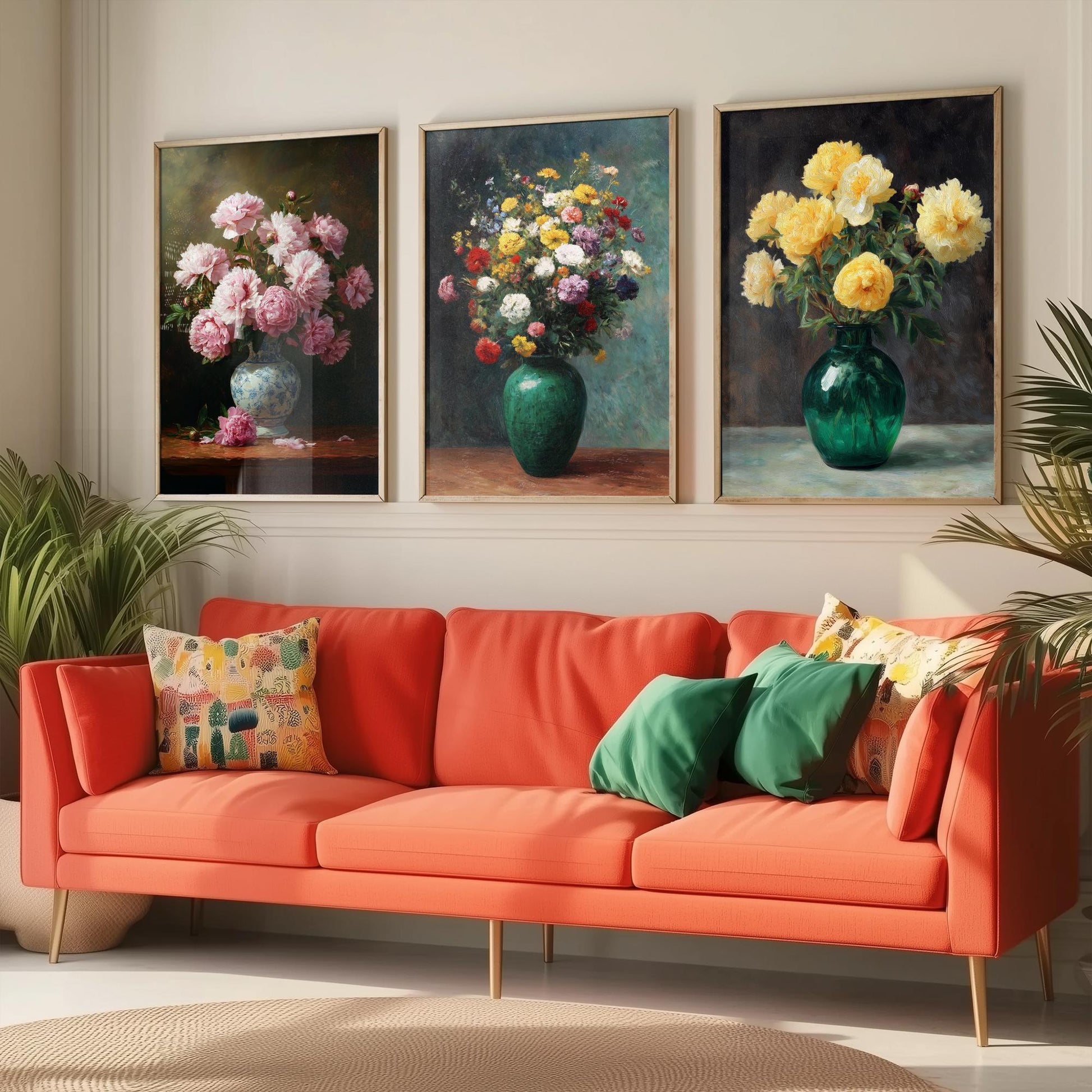Pink Yellow Peony Painting Set of Three Art Prints - 3 Floral Bouquet Posters - Porcelain Vase Still Life Wall Art Giclee V2